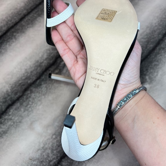 Jimmy Choo Minny 85 mm Lizard Mini Printed Leather Black White Mix Sandal Heels - Picture 9 of 12